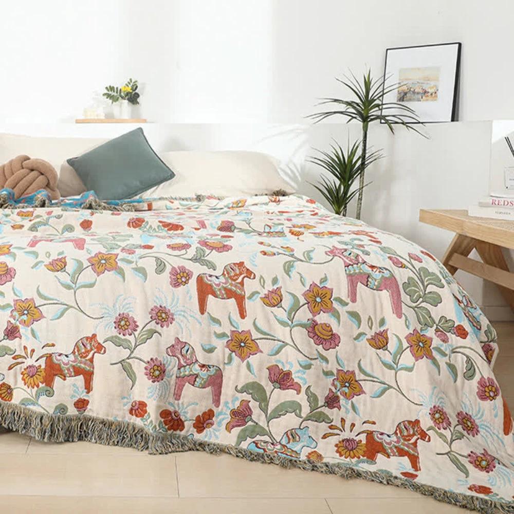 Vibrant Floral Garden Tassel Trim Blanket