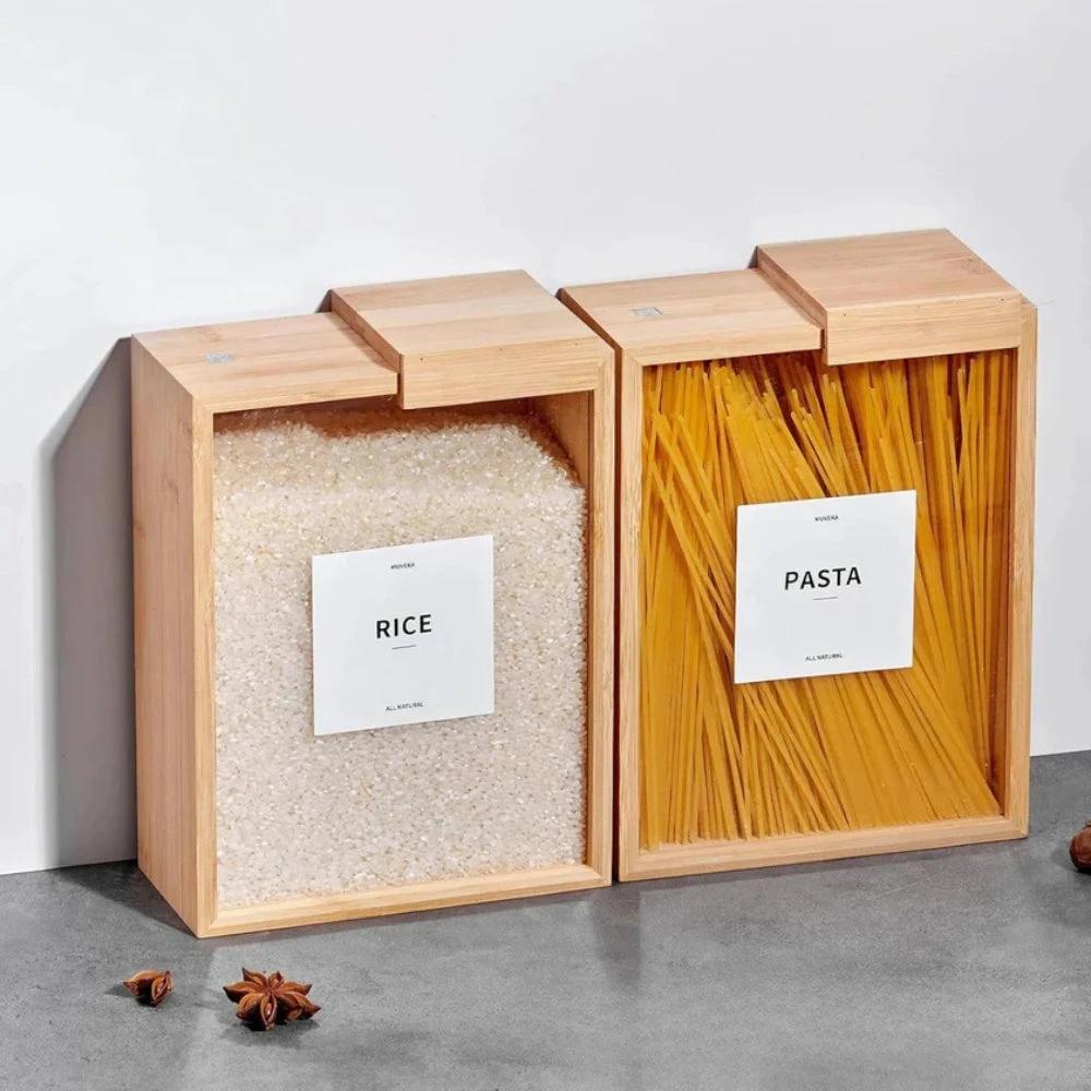 Sliding Bamboo Wood Pasta Grain Storage Container