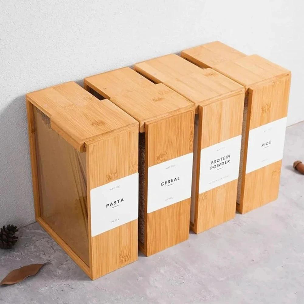 Sliding Bamboo Wood Pasta Grain Storage Container